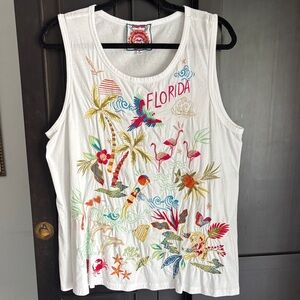 Johnny Was White Florida Tank Top with Colorful Embroidery